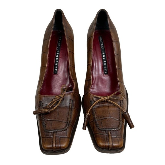 Fratelli Rossetti Pump Heel Brown Leather‎ Embossed Square Toe Women Sz EUR 38.5 - Picture 5 of 16